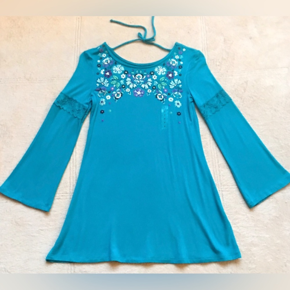 JUSTICE Girls Dress Size 7, Turquoise, Floral, Long Bell Sleeves, Ties in Back
